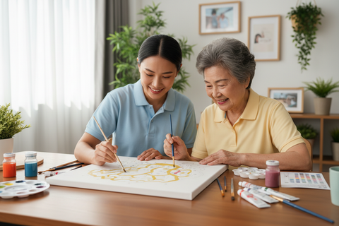 Asian caregiver and elderly adult painting together