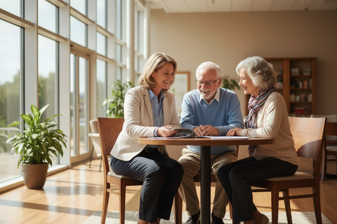 Bright senior advisor with elderly clients 3:2