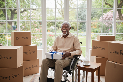 Elderly African American man in wheelchair with table, white gift box and labeled moving boxes